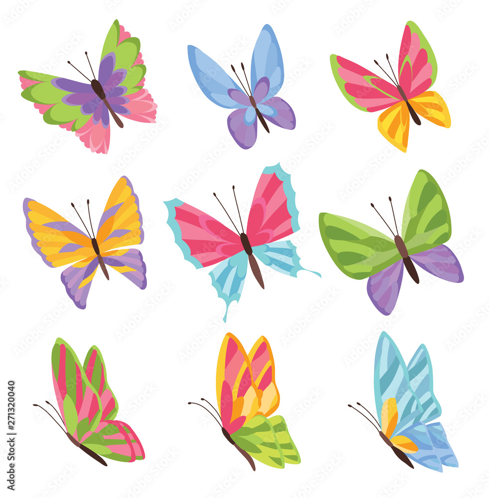 Obraz premium Watercolor colors butterflies isolated on white background. Pretty vector butterfly set with spring palette for child.
