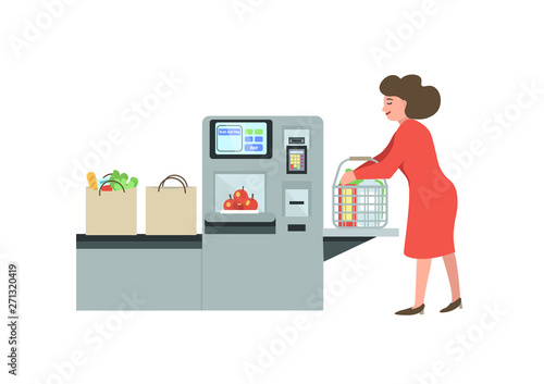 Self-service cashier or terminal. Woman customer shopping in self checkout supermarket. Vector illustration.