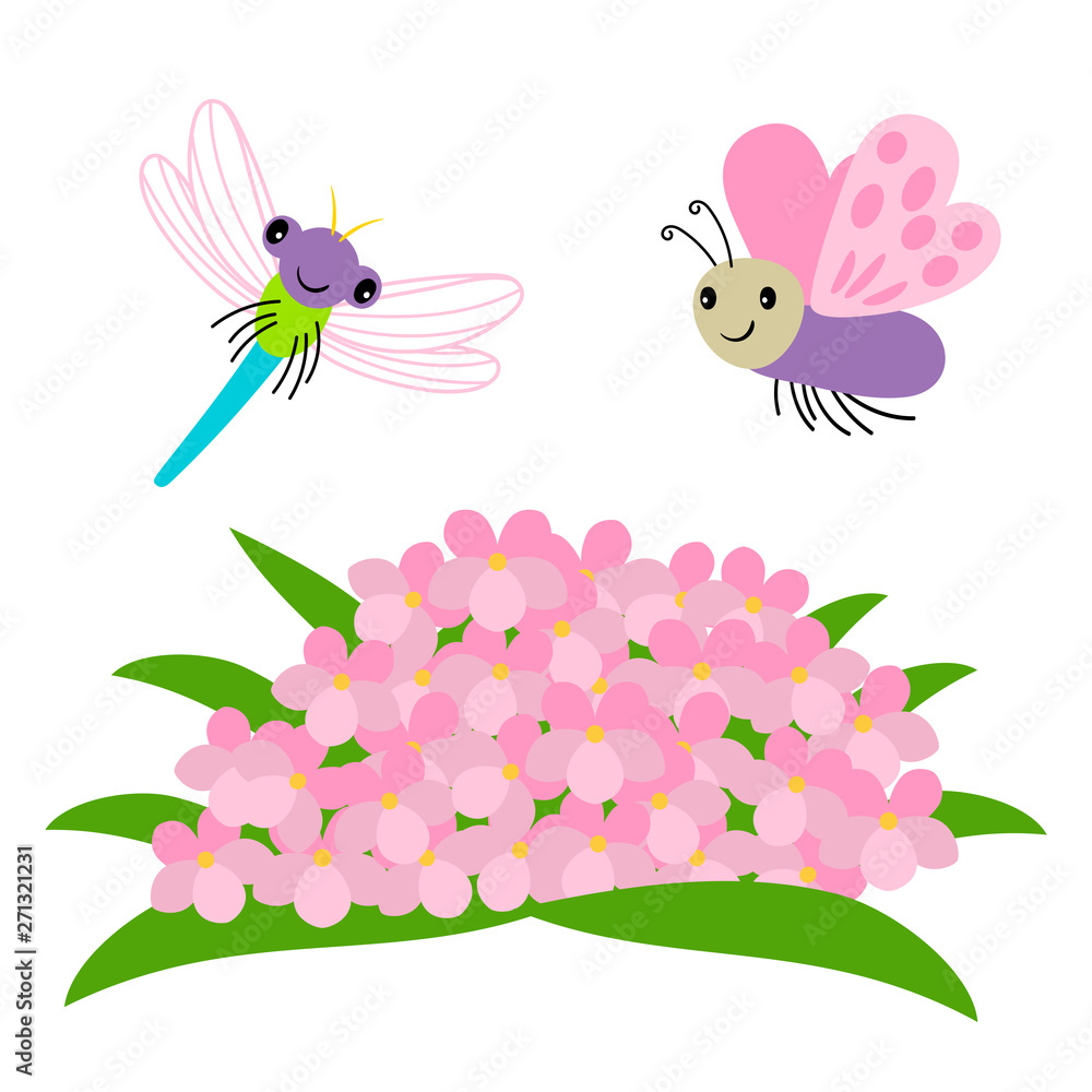Cartoon dragonfly and butterfly flying under flowers vector illustration. Dragonfly and butterfly insect in garden, blossom flower