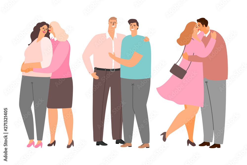 Obraz premium Gay, lesbian and heterosexuality couples vector isolated on white background. Homosexual love, female and male, happy relationship gay illustration