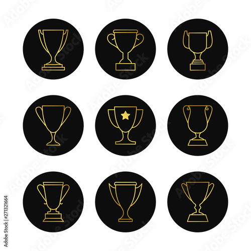Gold line goblets vector icon of set. Illustration of collection golden linear goblet
