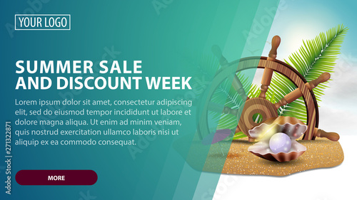 Summer sale and discount week, creative pink discount web banner for your arts with steering wheel of the ship in the sand, palm leaves and pearl