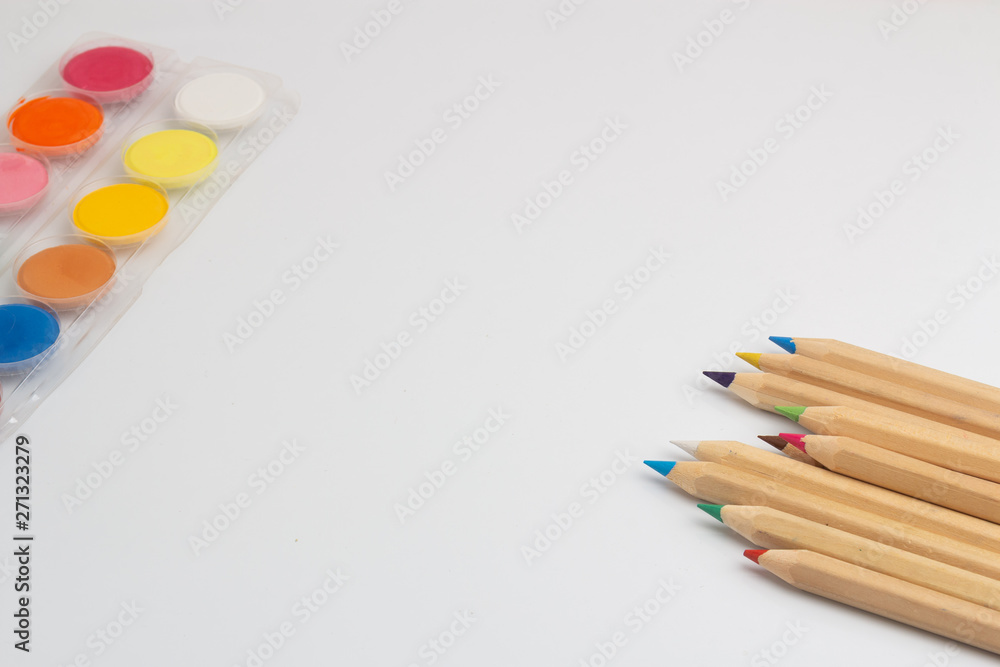 Colored pencils and pastels on a white background Colored pencils and pastels on a white background