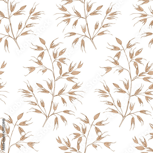 Seamless vintage summer lineart pattern isolated. Spikelets of oats on a white background. Texture for textile, wrapping paper, website.