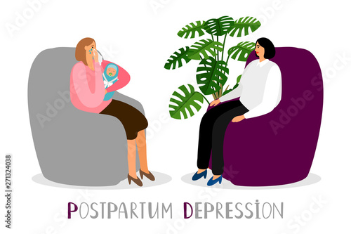 Postpartum depression. Vector crying mother with newborn. Psychoterapy for new parents vector concept. Mother and child, woman tired with baby illustration