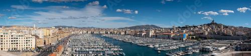 France, Marseille, old harbor with the Notre Dame de la Garde, panoramic view
