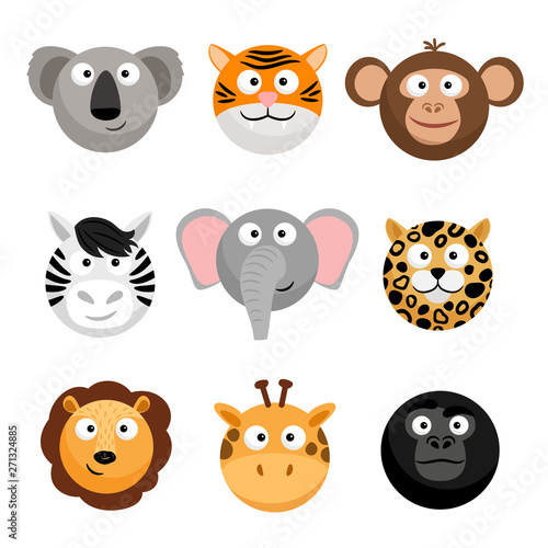 Wild animal emoticons. Vector cartoon funny smileys faces, cartoon animal emojis. Wild face animal head, smiley avatar illustration