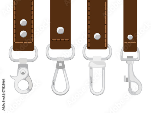 Leather belts with carabine clasp collection vector. Hook accessory for link illustration