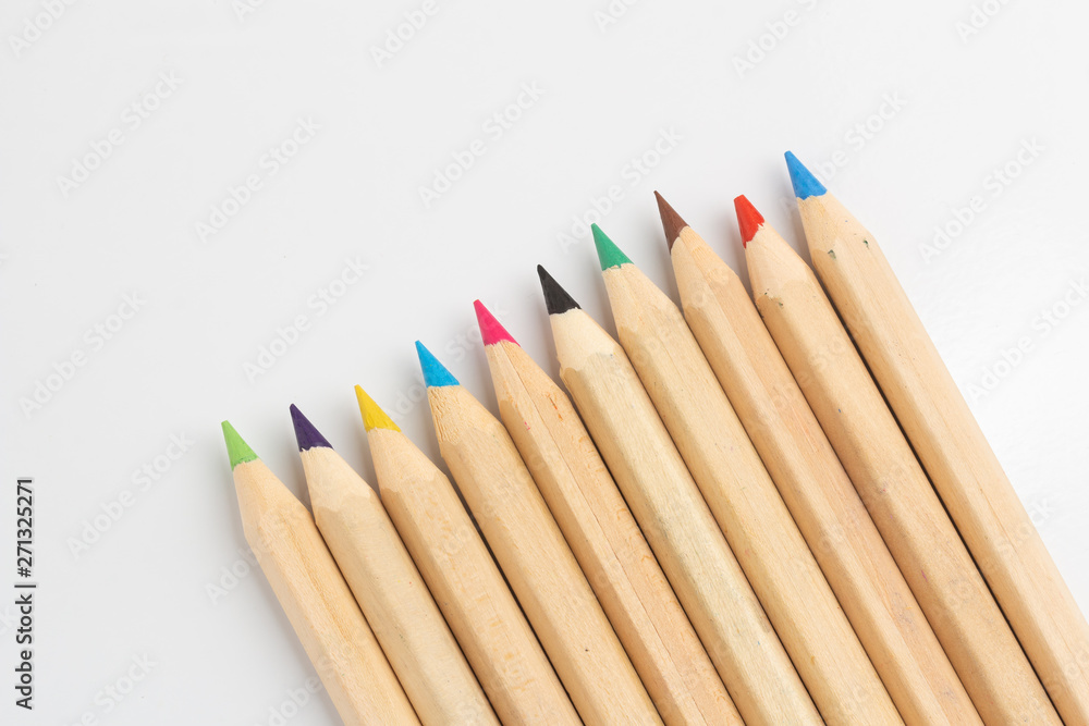 Obraz premium Color pencils are on the white table.
