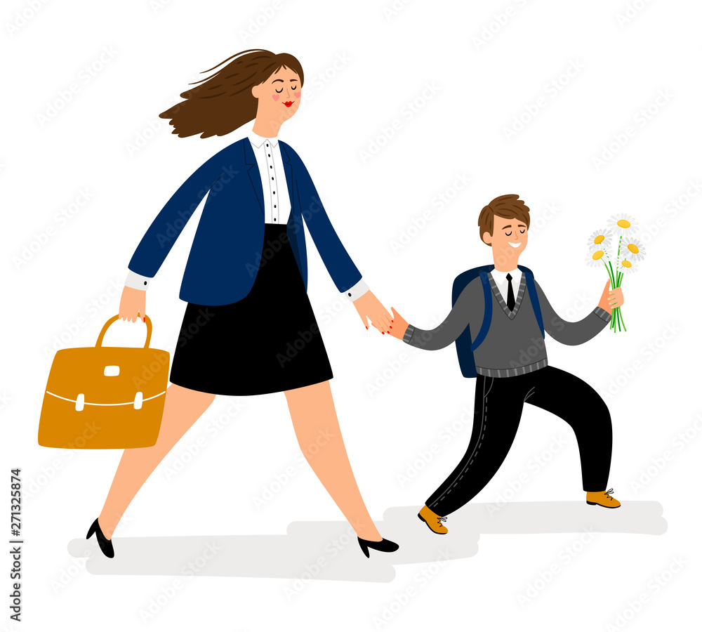 Mother with son going in school, boy bring flowers. Parent hold kid and walk to study. Vector illustration - obrazy, fototapety, plakaty 