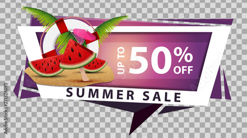 Summer sale, discount web banner in geometric style with watermelon slices, palm leaves and lifeline