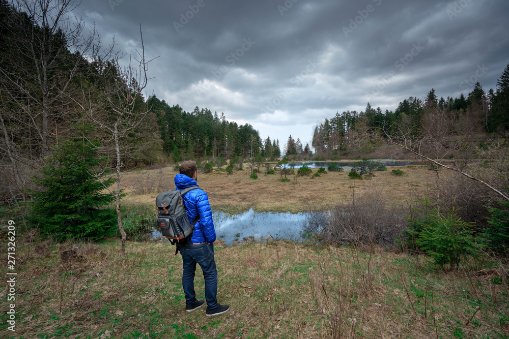 A man standing in front of a forest and a lake during a cloudy day in mountain A man standing in front of a forest and a lake during a cloudy day in mountain