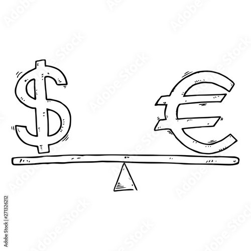 Dollar and Euro icon. Vector illustration of a euro sign and a dollar on the scales. Hand drawn euro and dollar on balanced scales.