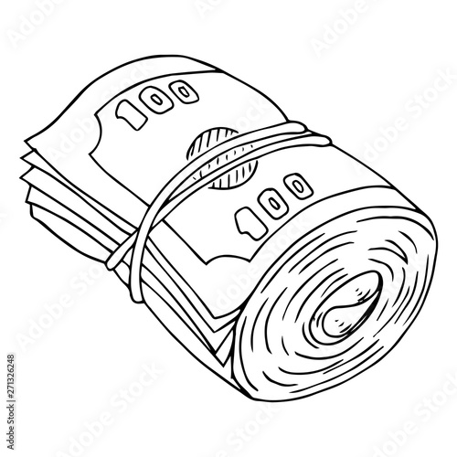 Money icon. Vector illustration of dollar bills rolled into a roll and tied with a rubber band. Hand drawn a stack of bills.