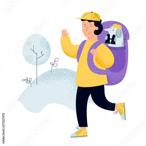 Man with backpack, traveller or explorer looking on nature forest. young tourist with dog binoculars concept of discovery, exploration, hiking, adventure Premium Vector