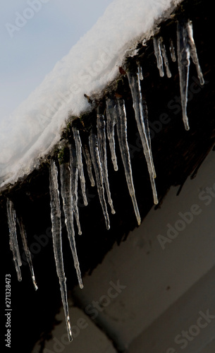 Winter the Netherlands. Icicles hanging from a reet roof. Farmhouse with snow on thatched roof. Ice. Frost.