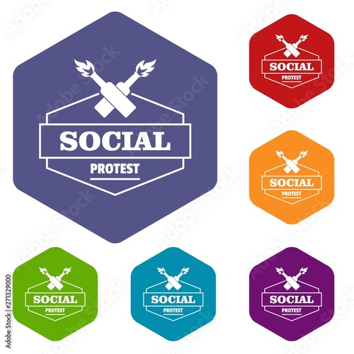 Social protest molotov cocktail icons vector colorful hexahedron set collection isolated on white 