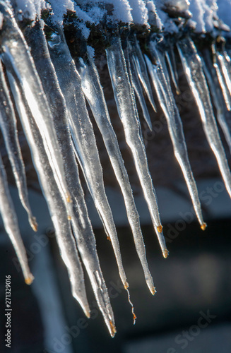Icicle. Frost. Frozen. Ice. Winter the Netherlands. Icicles hanging from reed roof.