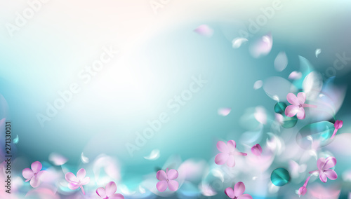Green mystery spring background with magic purple blurred flower petals and leaves vector illustration