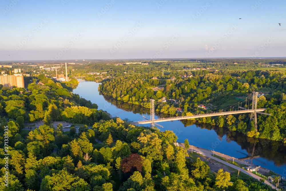 Bridge over the river. Landscape shot from drone. Zhytomyr, Ukraine Bridge over the river. Landscape shot from drone. Zhytomyr, Ukraine