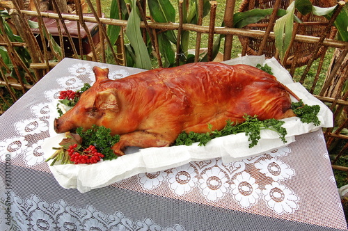 Fried pig on a tray. photo