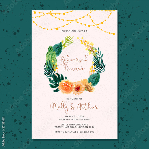 rehearsal dinner invitation with tropical floral wreath watercolor