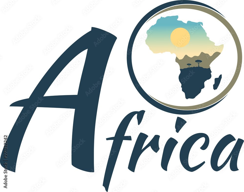 Round logo of Africa with the inscription. Evening landscape inside the silhouette of the African continent. Logotype for a Safari or travel into the African jungle. Round logo of Africa with the inscription. Evening landscape inside the silhouette of the African continent. Logotype for a Safari or travel into the African jungle.