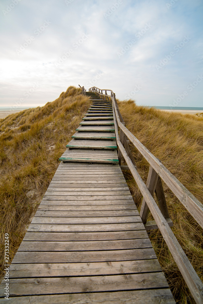 Wooden path with stairs or boardwalk leading through dunes to the top of a hill.