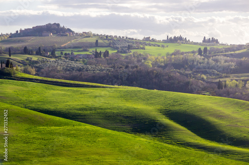 green fields and hills in Crete Senesi in Tuscany