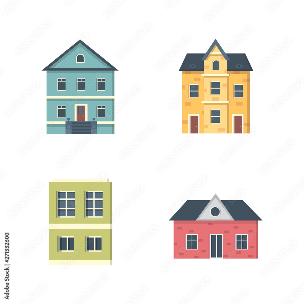 suburban private houses. House exterior. Vector urban building icons set. suburban private houses. House exterior. Vector urban building icons set.