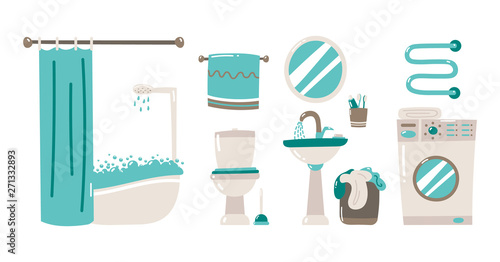 Vector cartoon bathroom interior background template. Modern home, hotel apartment lavatory, restroom with furniture and hygiene accessories. Mirror over the sink.