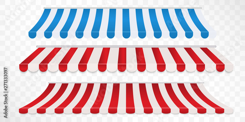 Set of red and white, blue and white strip colorful awnings for shop. Tent sunshade for market isolated on white background.