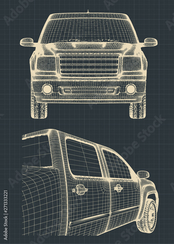 Stylized blueprints of a pickup truck