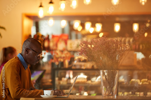 Side view portrait of contemporary African-American man using laptop sitting at table in cafe, copy space