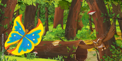 cartoon summer scene with deep forest and bird owl and butterfly - nobody on scene - illustration for children