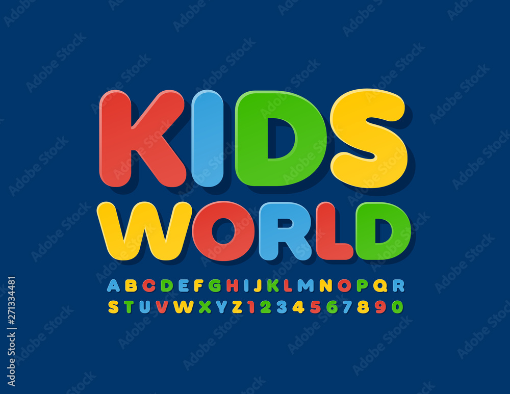 Fototapeta premium Vector colorful sign Kids World with Uppercase Alphabet Letters and Numbers. Bright flat Font