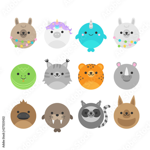 Fototapeta Naklejka Na Ścianę i Meble -  Cute vector icon set of random animals. Round animal illustrations; llama, alpaca, unicorn, narwhal, snake, lynx, cheetah, rhinoceros, platypus, walrus, lemur, kangaroo. Isolated.