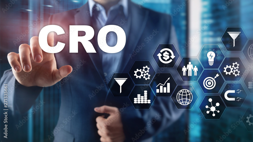 Fototapeta premium Conversion Rate Optimization. CRO Business Technology Finance concept on a virtual screen.