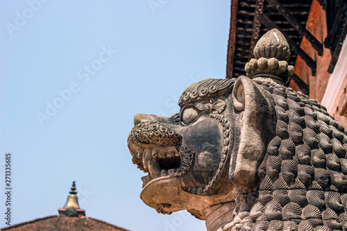 stone lion statue at Durbar Square in Nepal