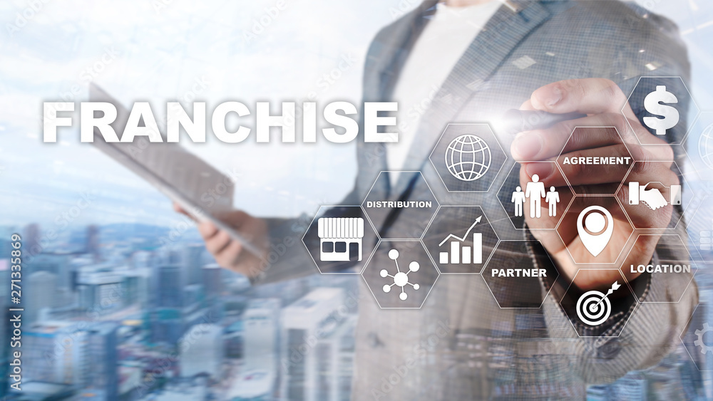 Franchise consept on virtual screen. Marketing Branding Retail and Business Work Mission Concept Franchise consept on virtual screen. Marketing Branding Retail and Business Work Mission Concept