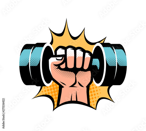 Arm with dumbbell. Gym club logo. Vector illustration