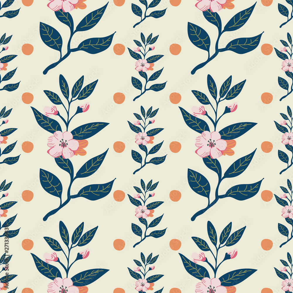 Pretty flower branch seamless pattern with polka dots on a light beige background. Vector. Light pink, orange and green color palette. Great for gift paper, textiles, fashion, home decor. Pretty flower branch seamless pattern with polka dots on a light beige background. Vector. Light pink, orange and green color palette. Great for gift paper, textiles, fashion, home decor.