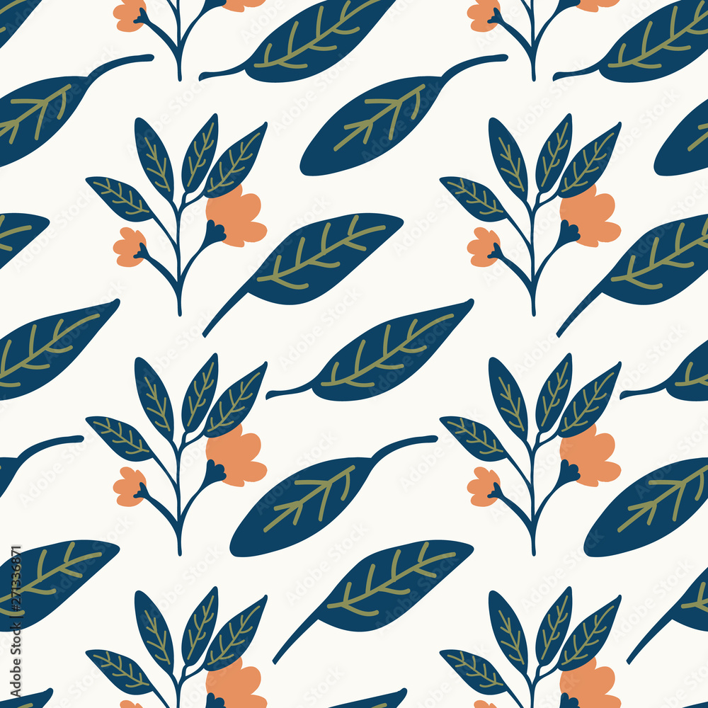 Pretty floral seamless pattern design with orange flowers and green leaves. Modern illustration with a vintage botanical feel. Great for textiles, fashion, wallpaper, product packaging and stationery. Pretty floral seamless pattern design with orange flowers and green leaves. Modern illustration with a vintage botanical feel. Great for textiles, fashion, wallpaper, product packaging and stationery.