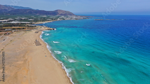 Aerial drone top view photo of famous paradise sandy deep turquoise beach of Falasarna in North West Crete island, Greece