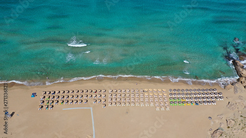 Fototapeta Naklejka Na Ścianę i Meble -  Aerial drone top view photo of famous paradise sandy deep turquoise beach of Falasarna in North West Crete island, Greece