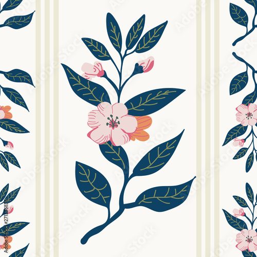 Pretty flower spray seamless pattern with thin vertical stripes on a light beige background. Vector. Light pink, orange and green color palette. Great for gift paper, textiles, fashion, home decor.