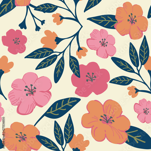 Pretty modern floral seamless pattern in  pink, orange and green on a light beige background. Beautiful for textiles, gift wrapping paper, invitations, fashion, home decor and product packaging.