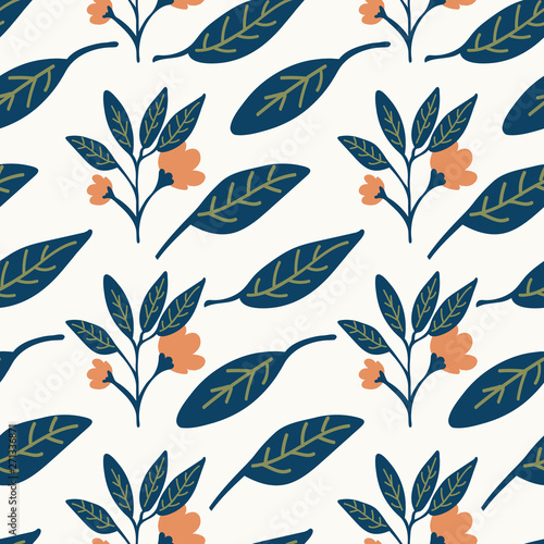 Pretty floral seamless pattern design with orange flowers and green leaves. Modern illustration with a vintage botanical feel. Great for textiles, fashion, wallpaper, product packaging and stationery.