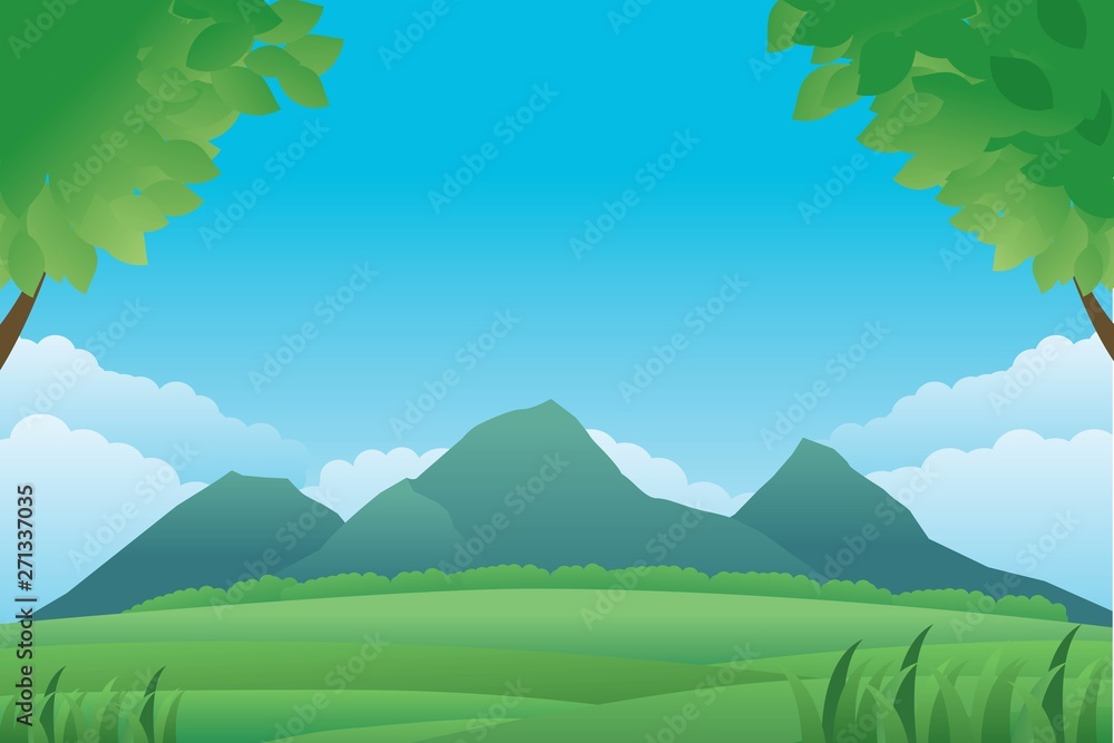 Naklejka premium Landscape vector illustration can be used for graphic design or web background. Fresh spring or summer background