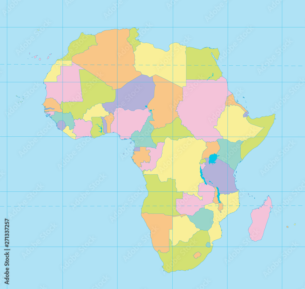 Africa map colorful, new political detailed map, separate individual states, with state city and sea names, blue background blank